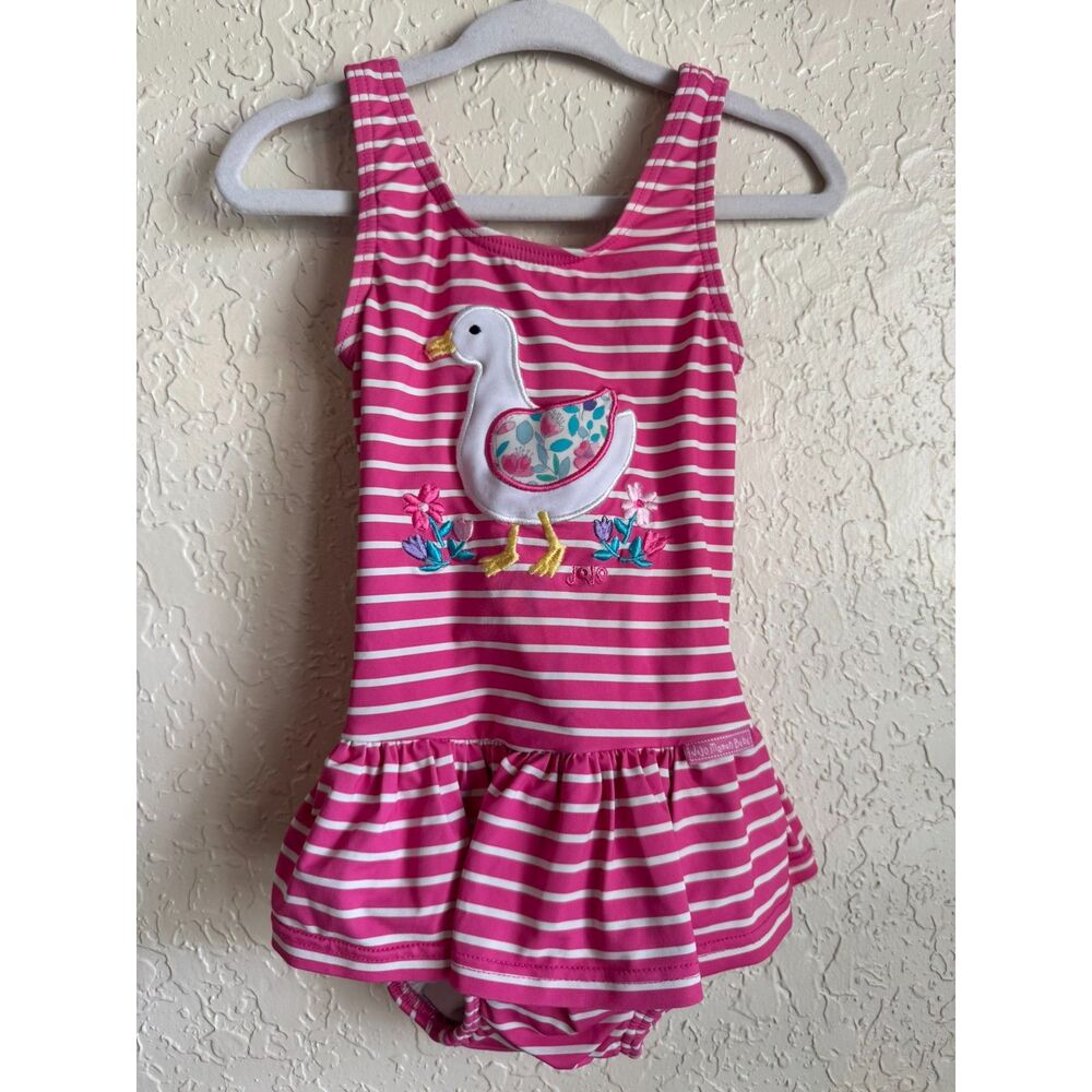 JoJo Maman Bébé Pink White Stripe Girls Swimsuit Skirt Duck Embroidery